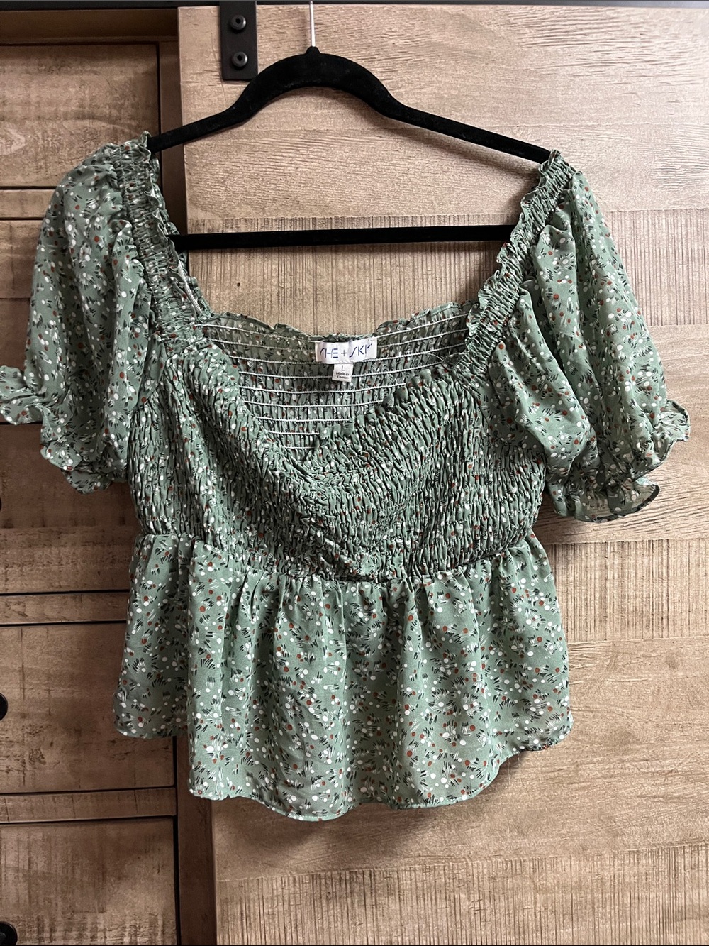 She + Sky Sage Green Smocked Puff Sleeve Peplum Top